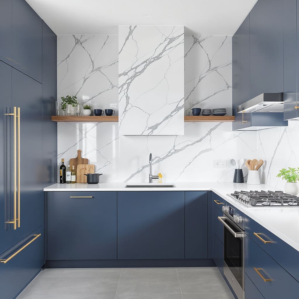 Navy L Shaped Small Kitchen with Marble Look Walls
