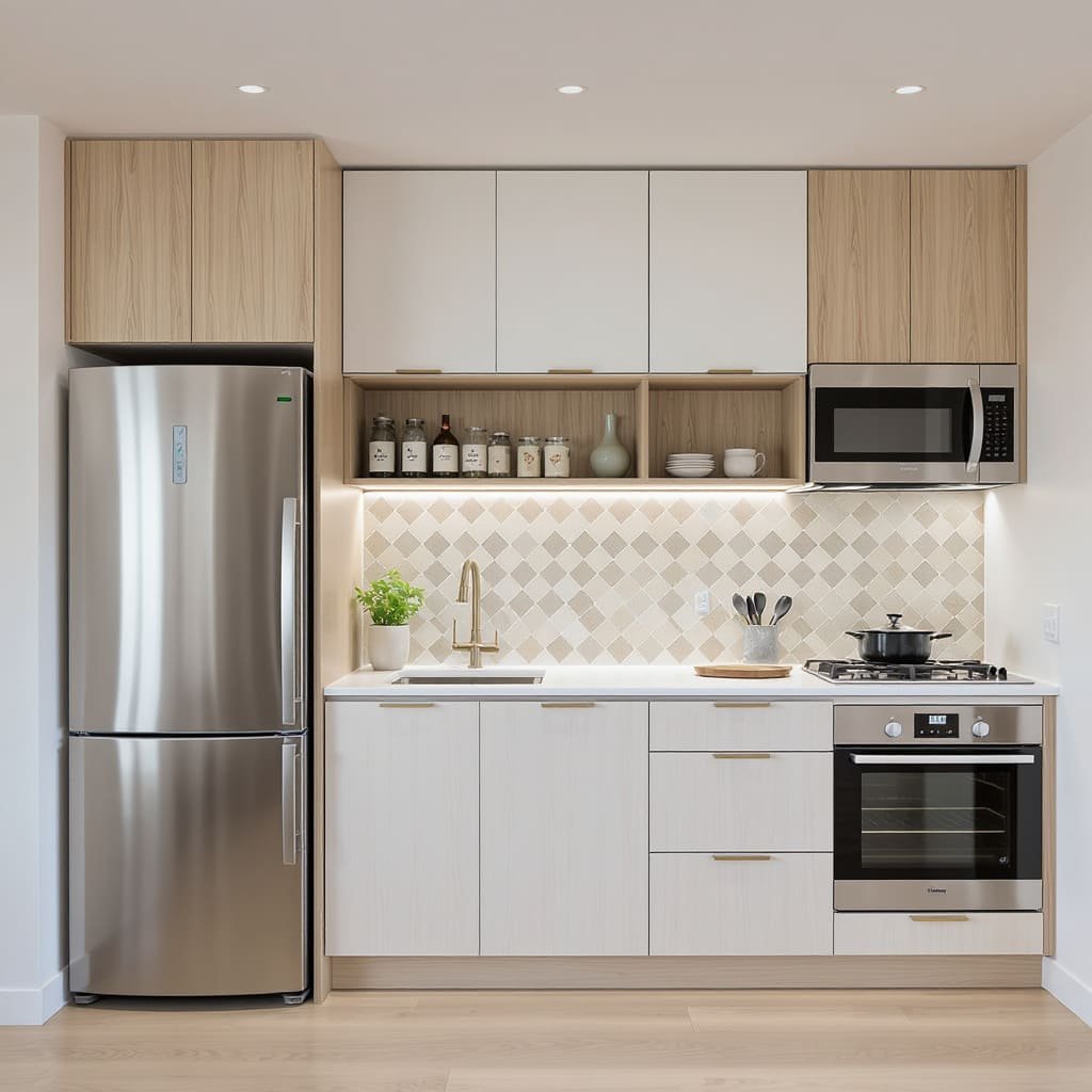One Wall Small Kitchen with Mixed Wood and White Cabinets