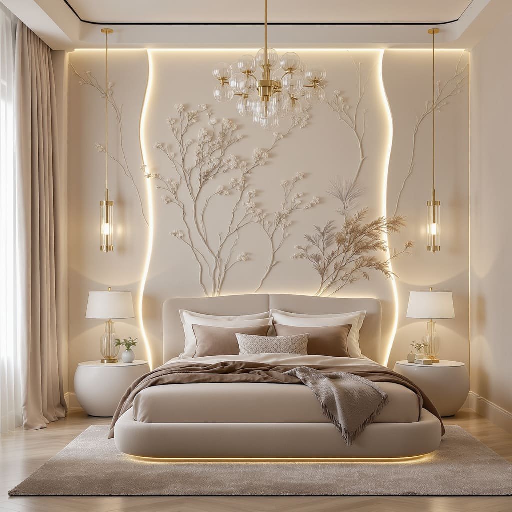 Sculpted Art Bed Wall with Curved LED Backlit Panels