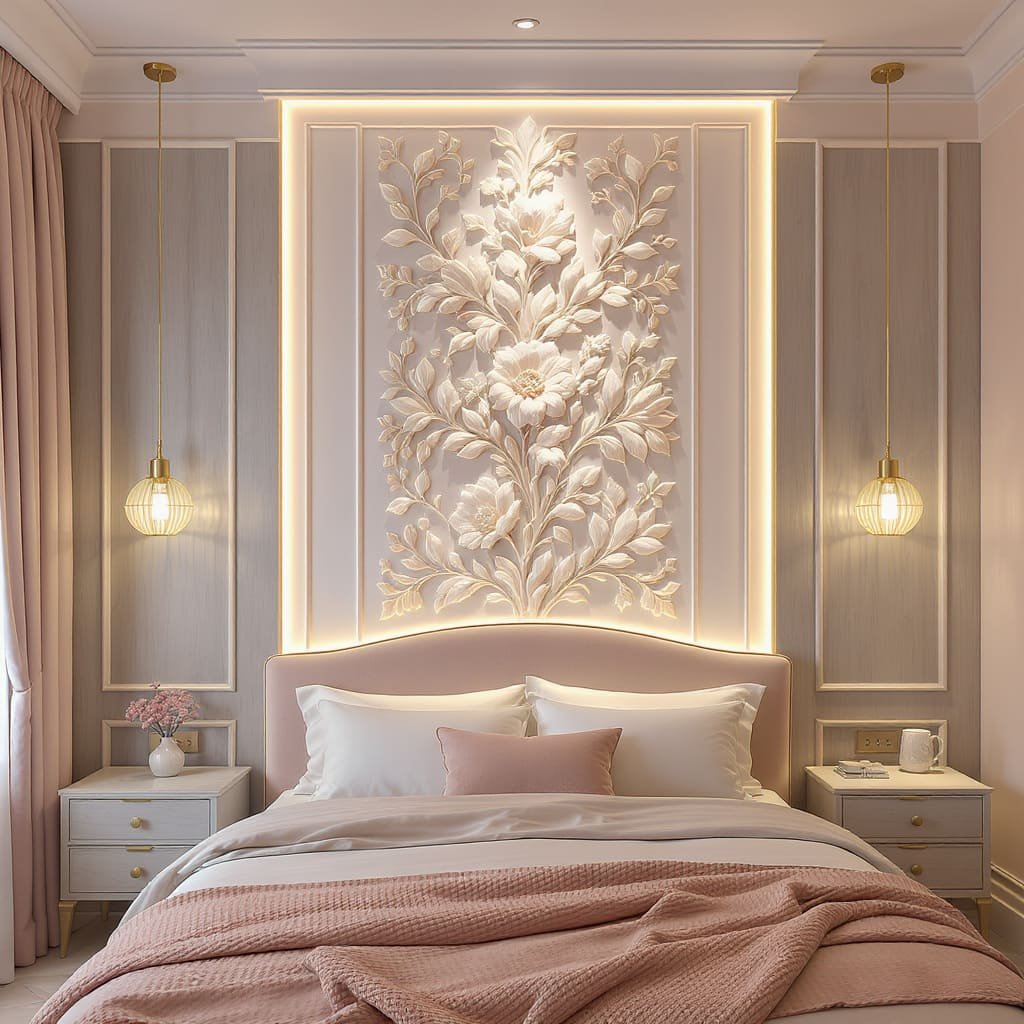 Sculpted Floral Relief Bed Wall with Warm LED Border