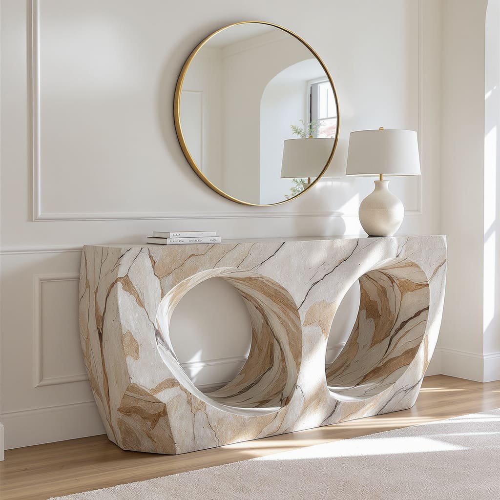 Sculptural Stone Console Table with Circular Cutouts