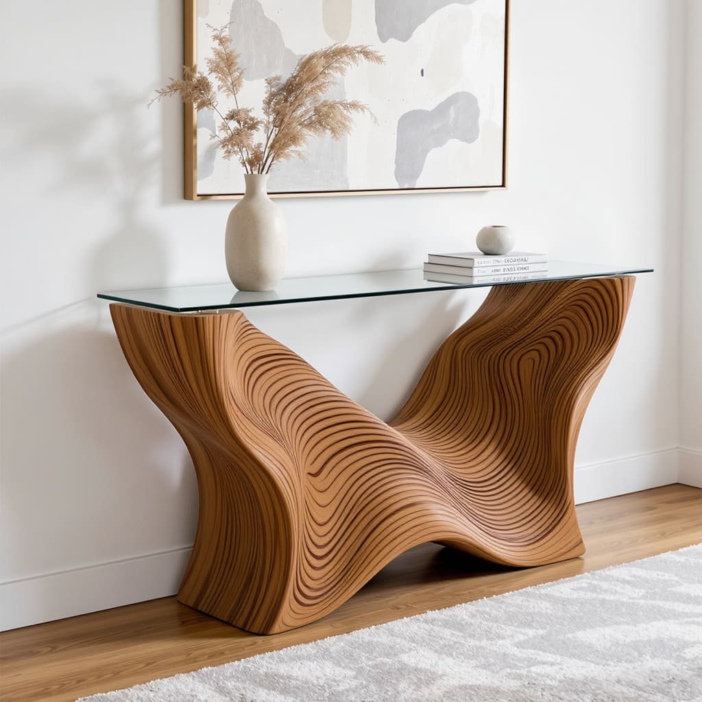 Sculptural Wave Edge Console Table with Glass Top