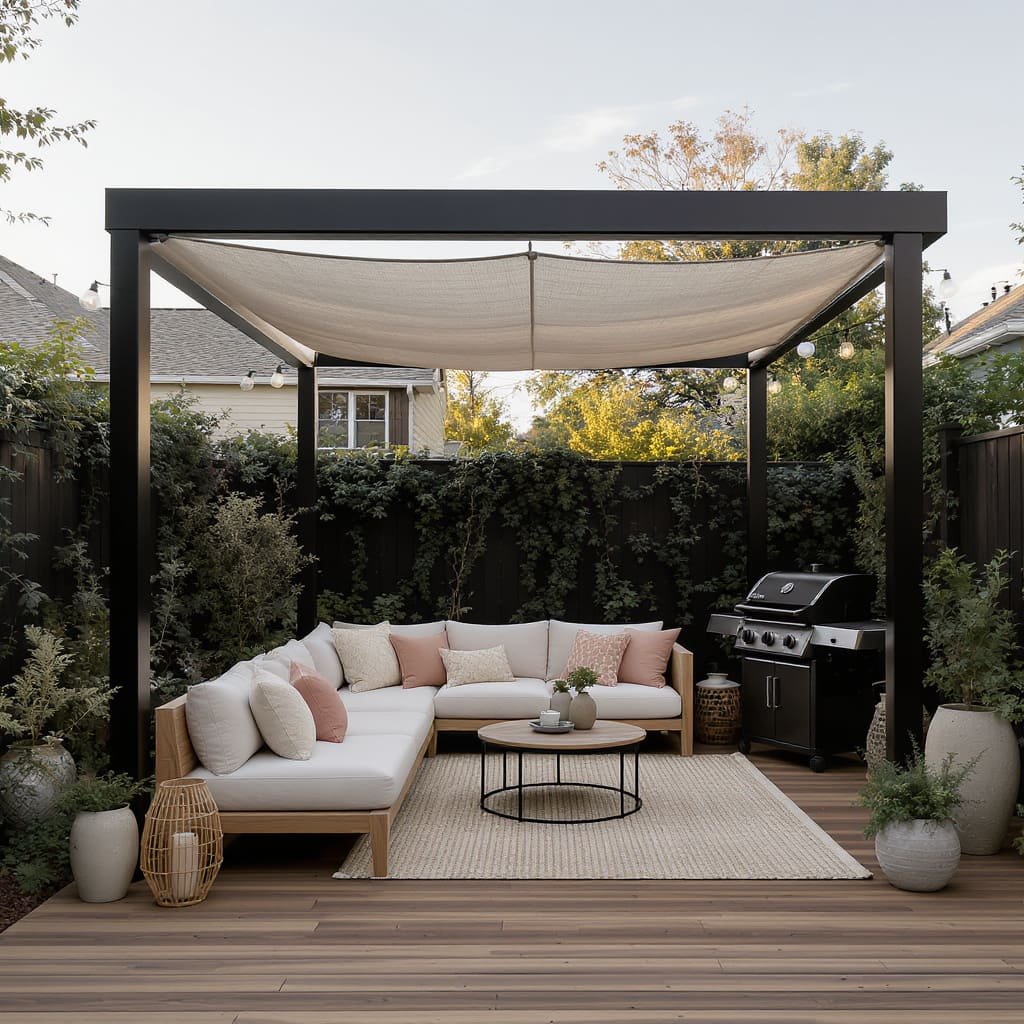 Shade Sail Pergola Lounge with Grill