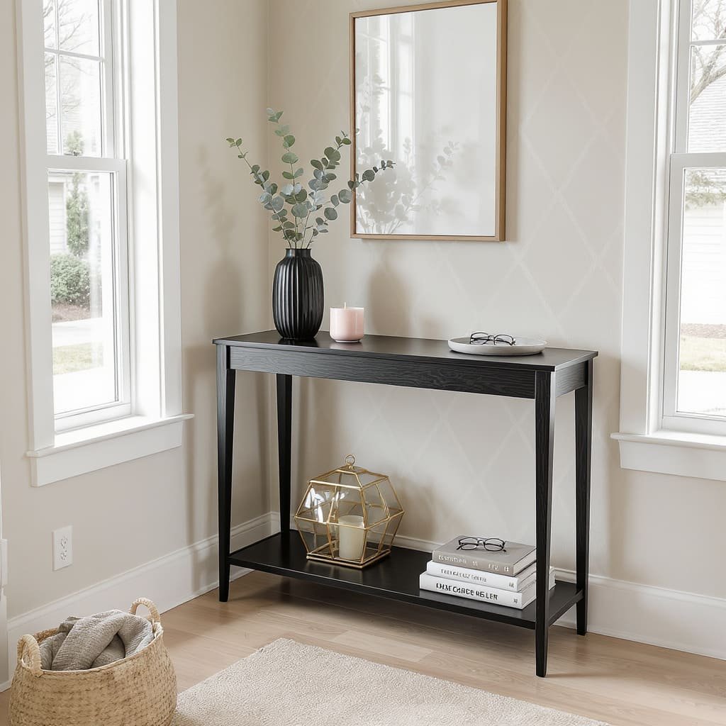 Slim Black Entryway Console Table with Lower Shelf