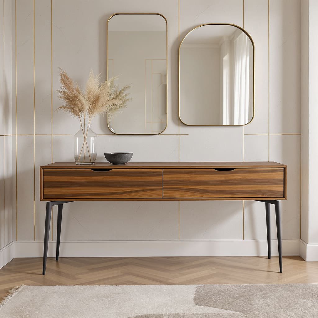 Slim Mid Century Console Table with Floating Drawers