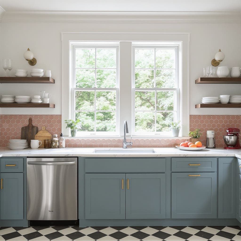 Small Kitchen with Blue Green Cabinets and Open Shelves