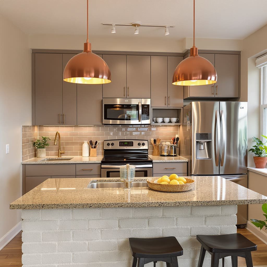 Small Kitchen with Peninsula Island and Pendant Lights