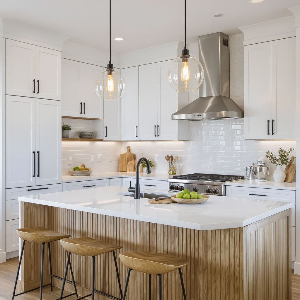 Small White Kitchen with Waterfall Peninsula and Glass Pendants