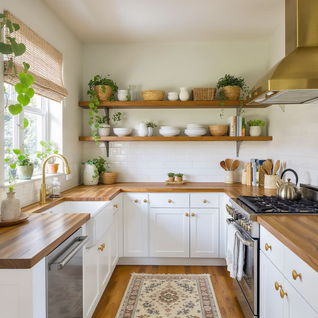 Sunlit Cottage Small Kitchen with Open Wood Shelves