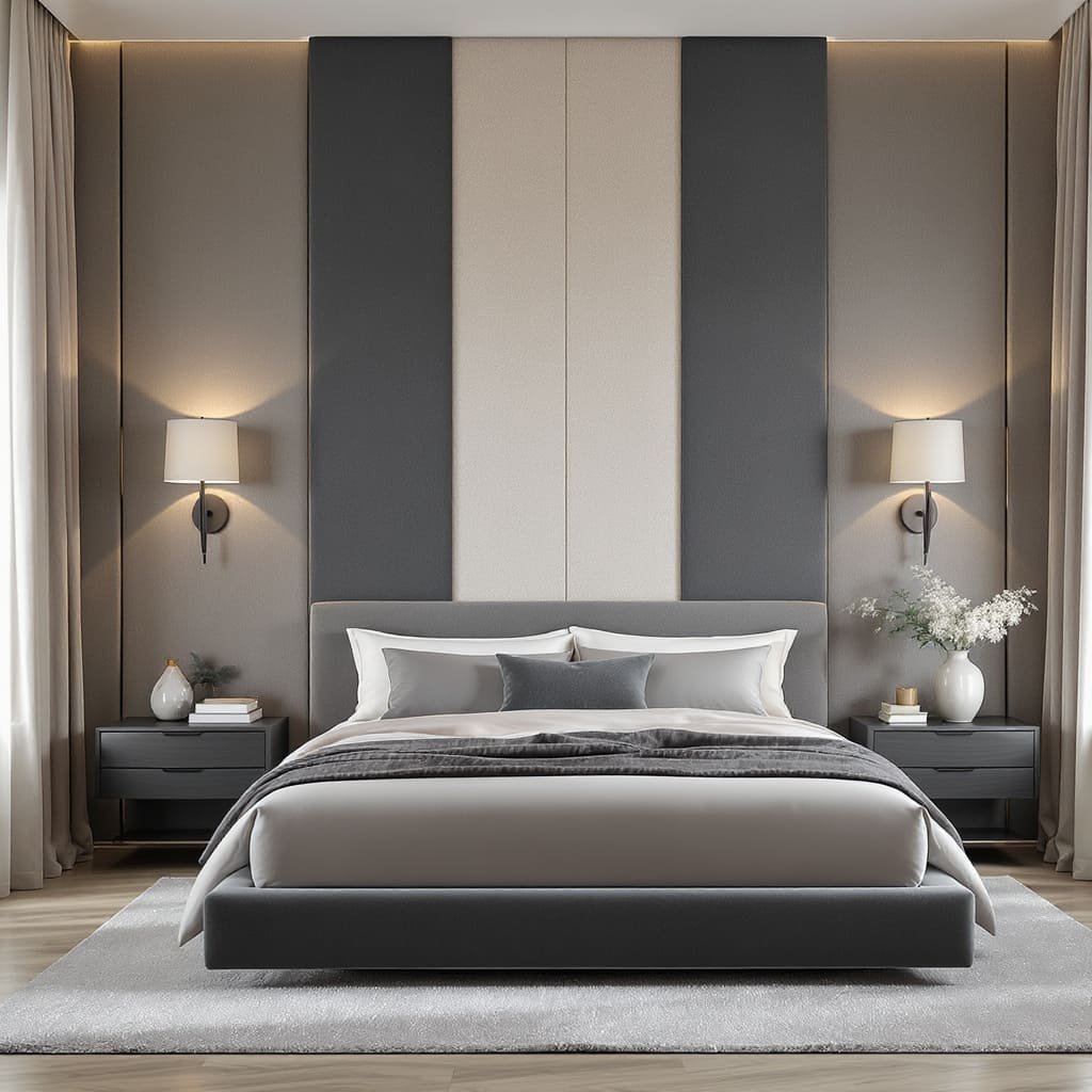 Textured Fabric Panel Bed Wall in Modern Neutrals