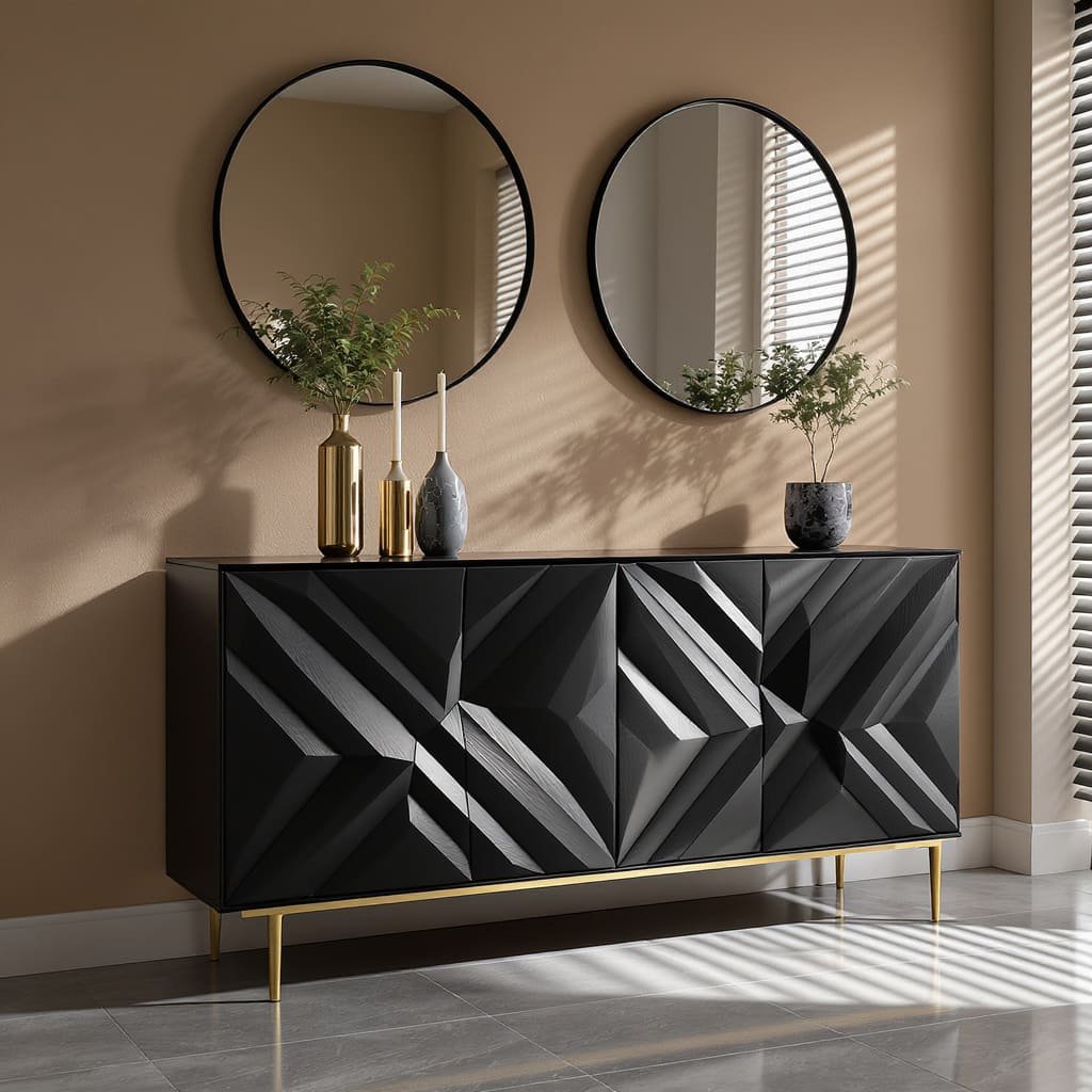 Textured Front Black Console Table with Gold Legs