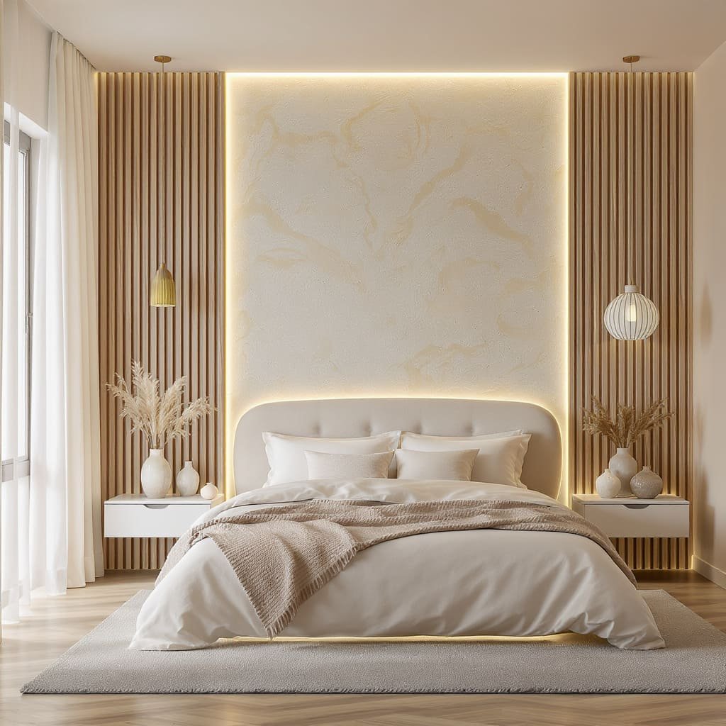 Textured Plaster Bed Wall with Wood Slats and LED Frame