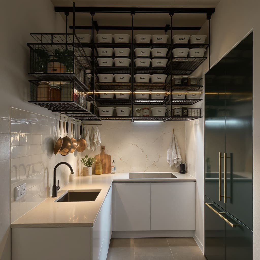Tiny Galley Kitchen with Ceiling Mounted Storage Racks