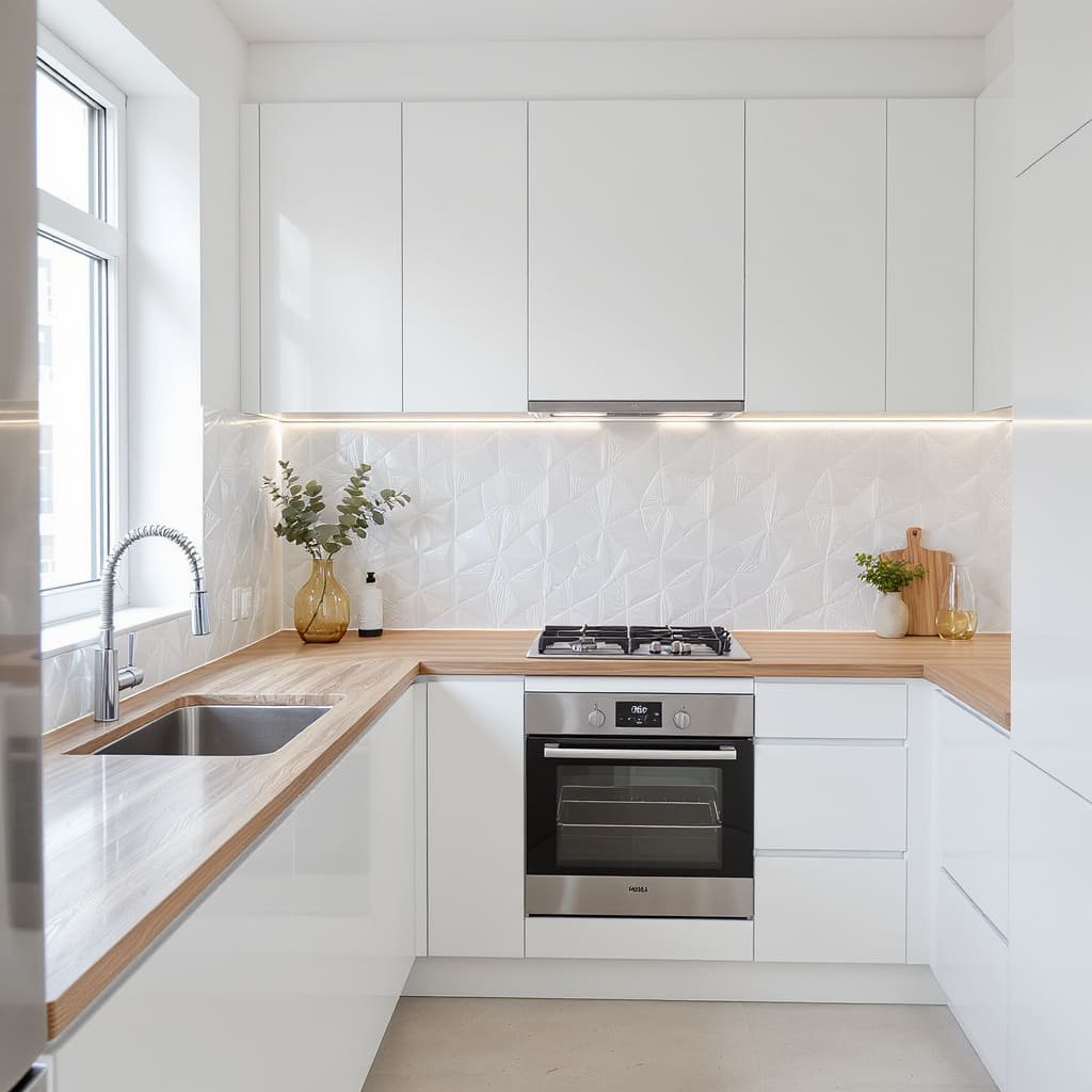 Tiny L Shaped Small Kitchen with Light Wood Counters