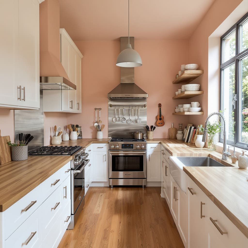 Warm Galley Small Kitchen with Butcher Block Counters