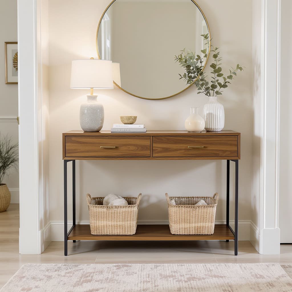 Warm Wood Entryway Console Table with Practical Storage