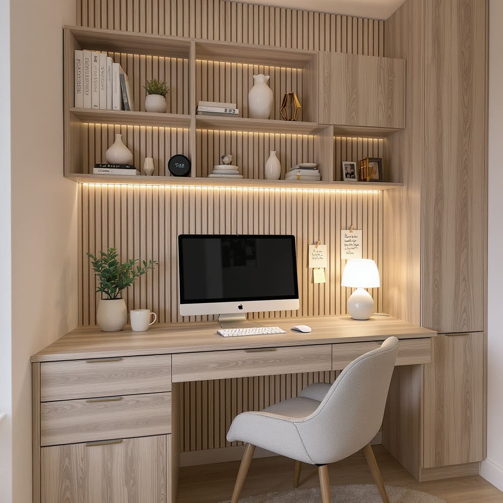 Warm Wood Panel Cozy Workspace