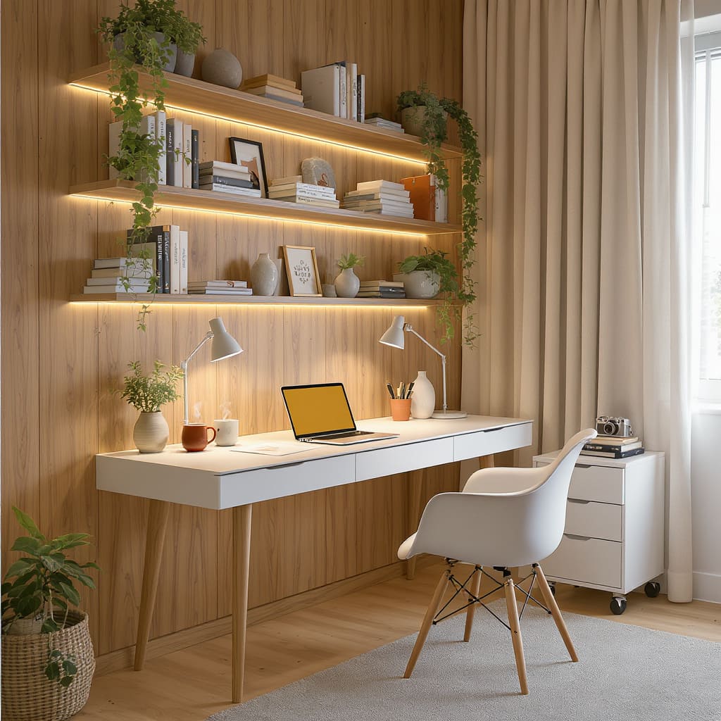 Warm Wood Shelf Cozy Workspace