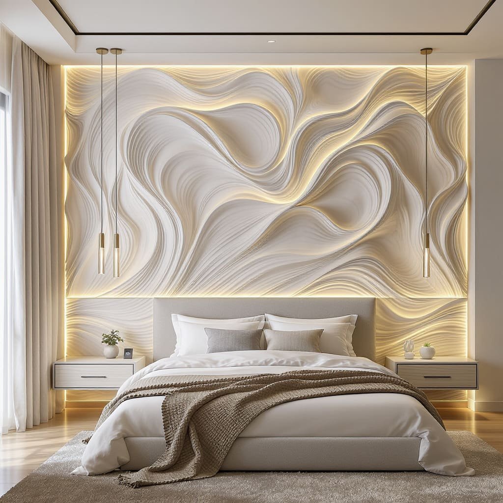 Wave Textured 3D Bed Wall with Warm LED Outline