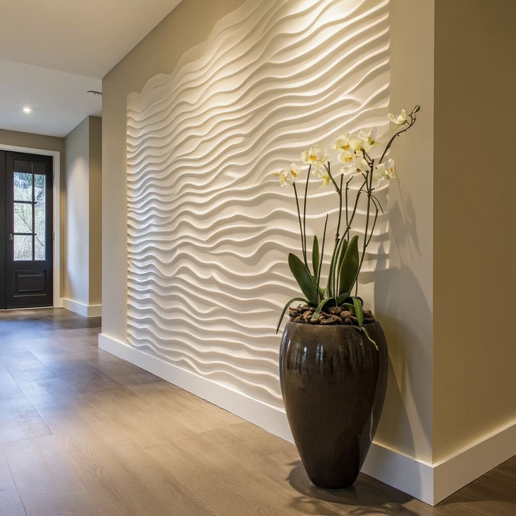 3D Wave Texture Office Entrance Wall with Soft Wash Lighting