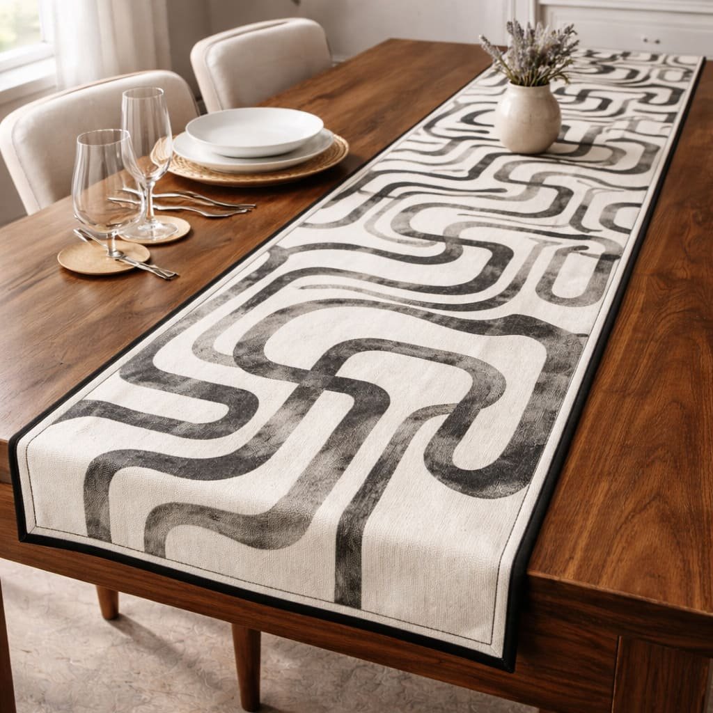 Abstract Maze Ink Print Table Runner