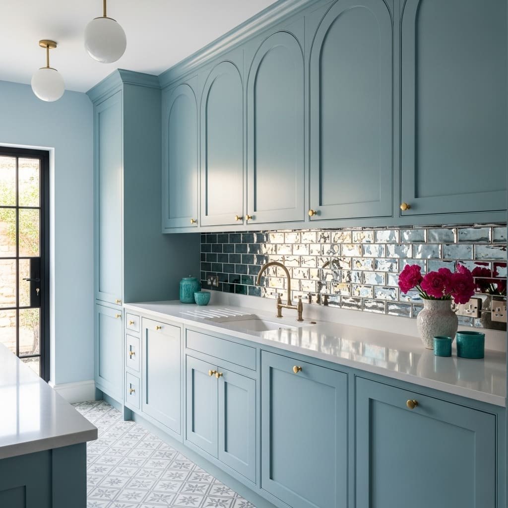 Aqua Blue Kitchen Cabinets With Arched Uppers and Mirror Tile