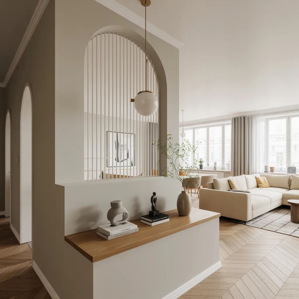 Arched Slat Half Wall Living Room Partition