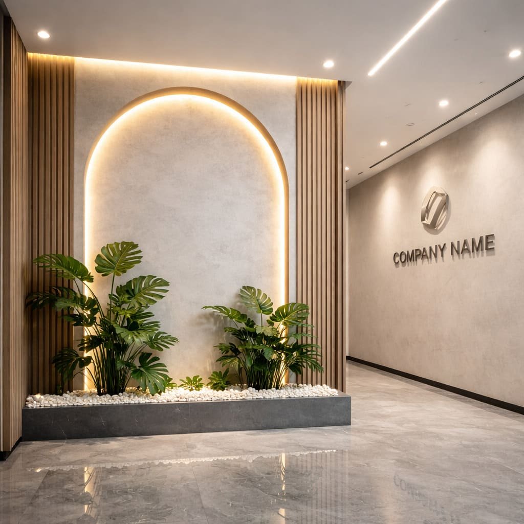 Backlit Arch Accent Office Entrance Wall with Indoor Planter