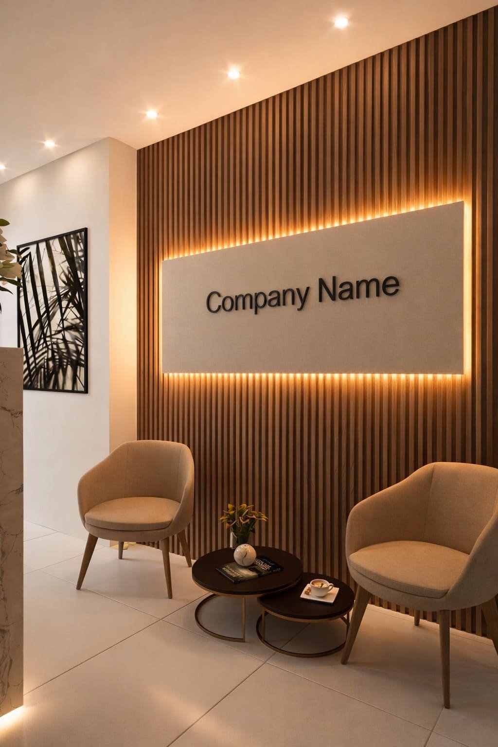 Backlit Company Logo Panel on Wood Slat Office Entrance Wall