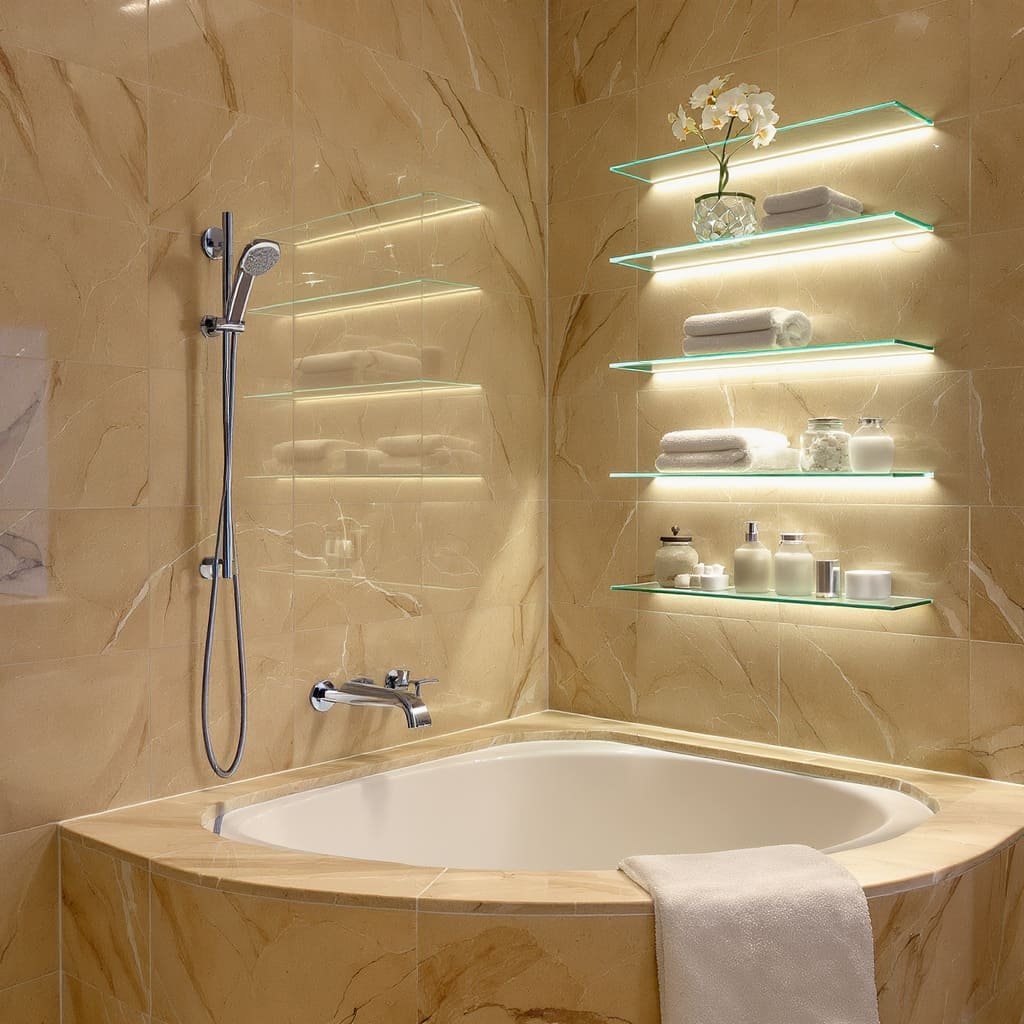 Backlit Floating Glass Shelves By The Tub