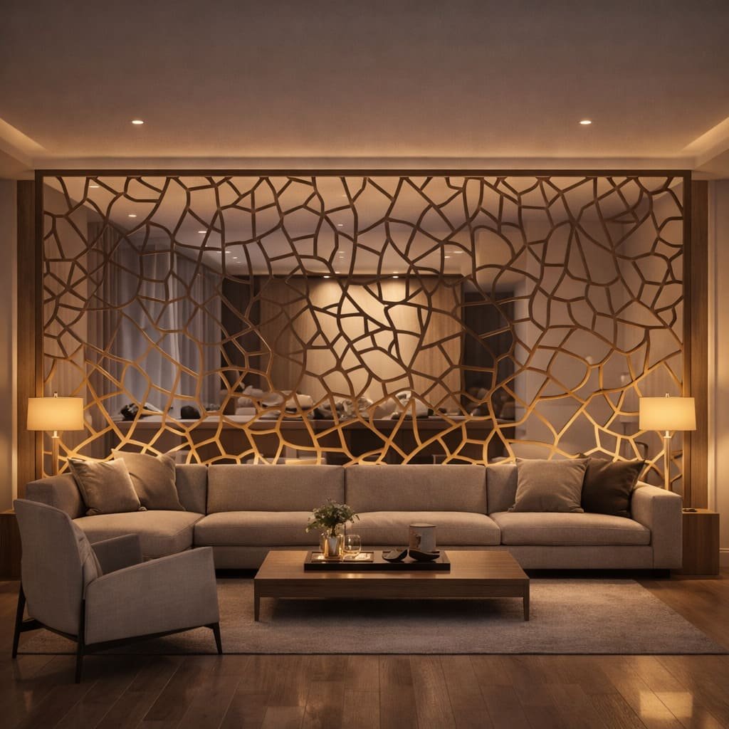 Backlit Geometric Jali Partition Feature Wall