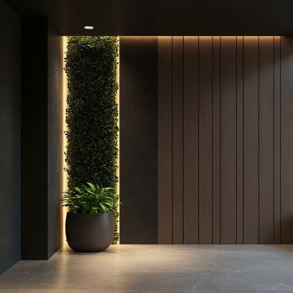 Backlit Green Wall Panel with Dark Wood Slat Office Entrance Feature