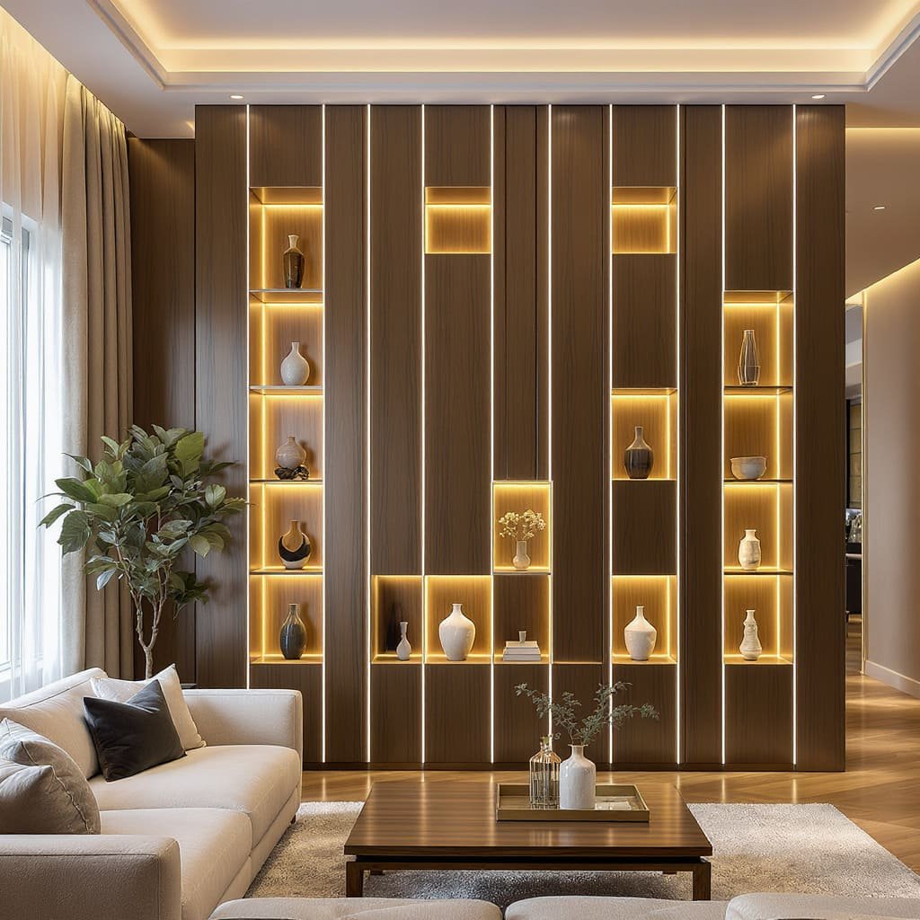Backlit Wooden Panel Partition With Display Niches
