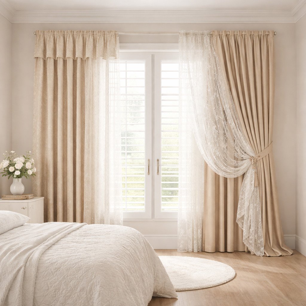 Beige Lace Layered Curtains with Ruffle Valance