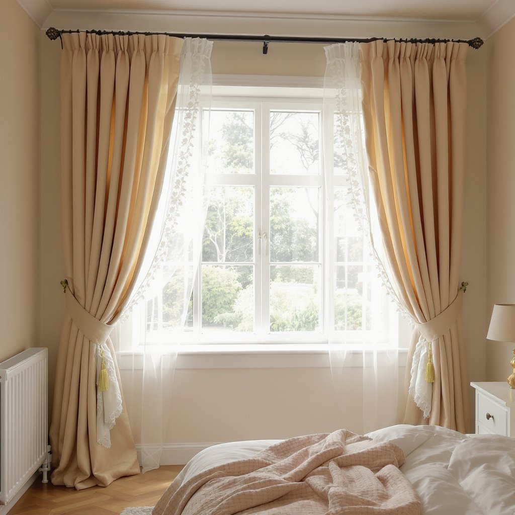 Beige Pinch Pleat Curtains with Lace Sheer Panels