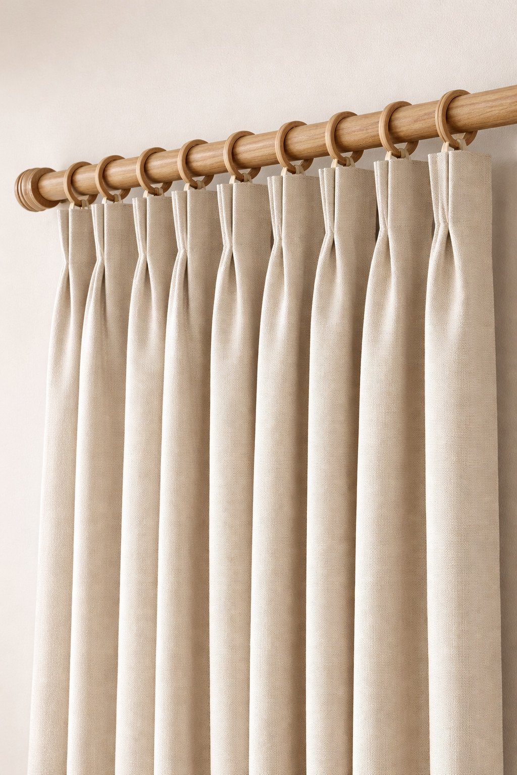 Beige Pinch Pleat Curtains with Wooden Rings