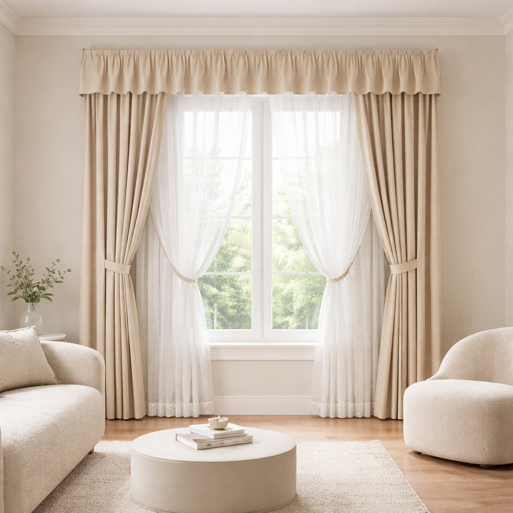 Beige Valance Curtain Set with Sheer White Layer