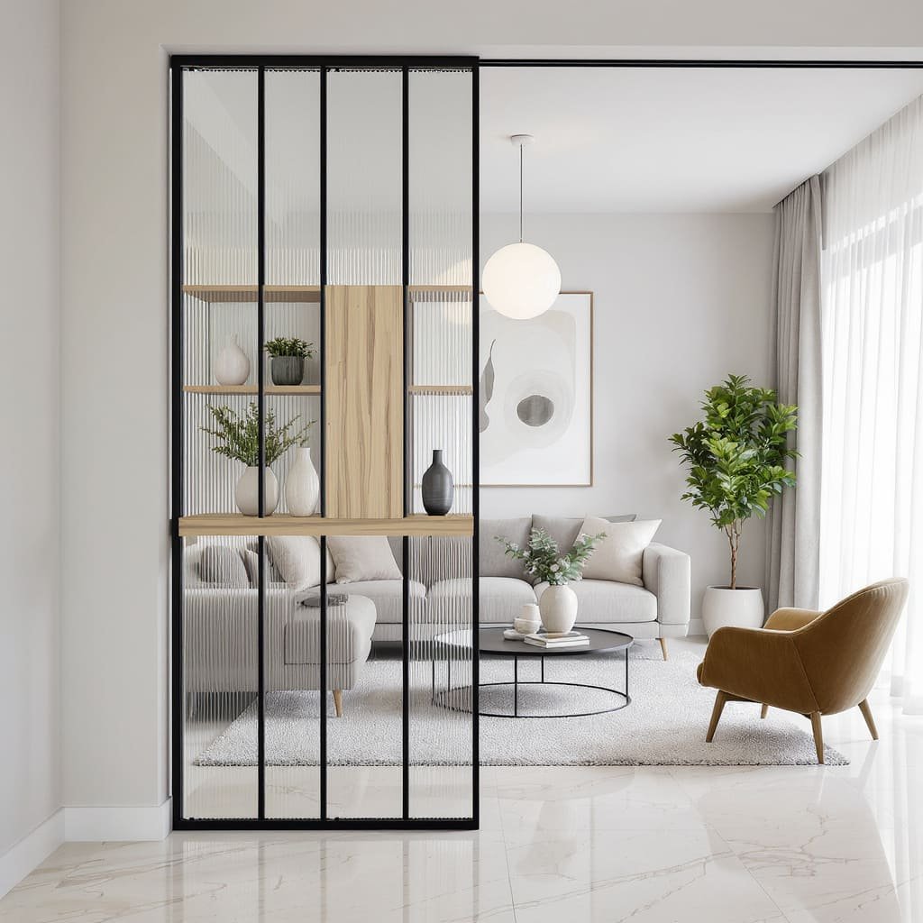 Black Frame Fluted Glass Entry Partition With Wood Shelf