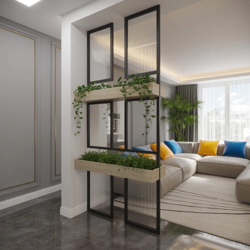 Black Frame Planter Partition With Fluted Glass