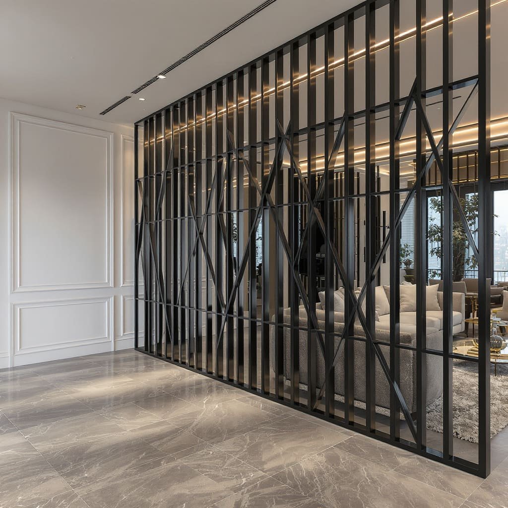 Black Metal Slat Living Room Partition With Geometric Bracing