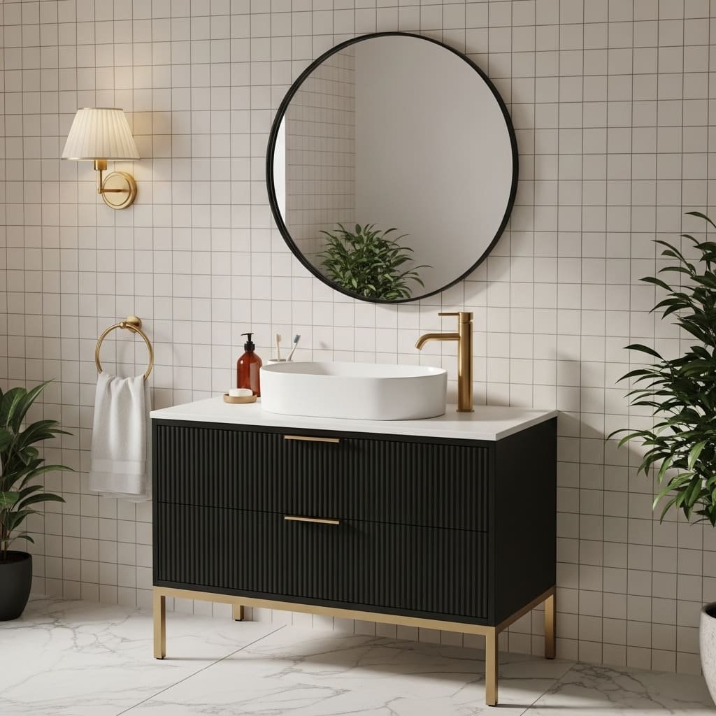 Black Ribbed Bathroom Vanity with Vessel Sink and Brass Accents