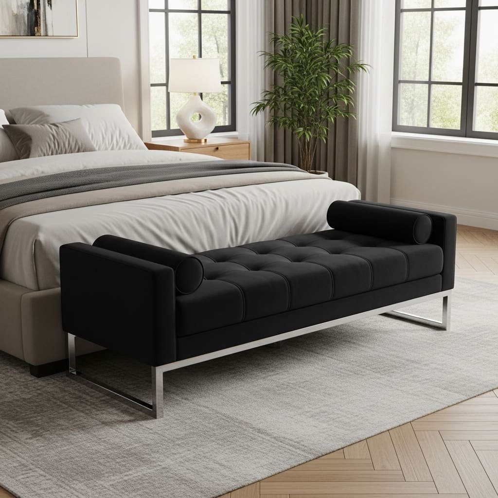 Black Tufted Bed Bench with Chrome Sled Base