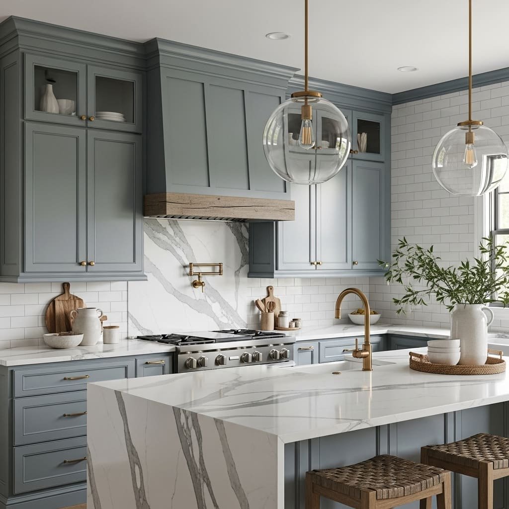 Blue Gray Kitchen Cabinets With Marble Waterfall Island