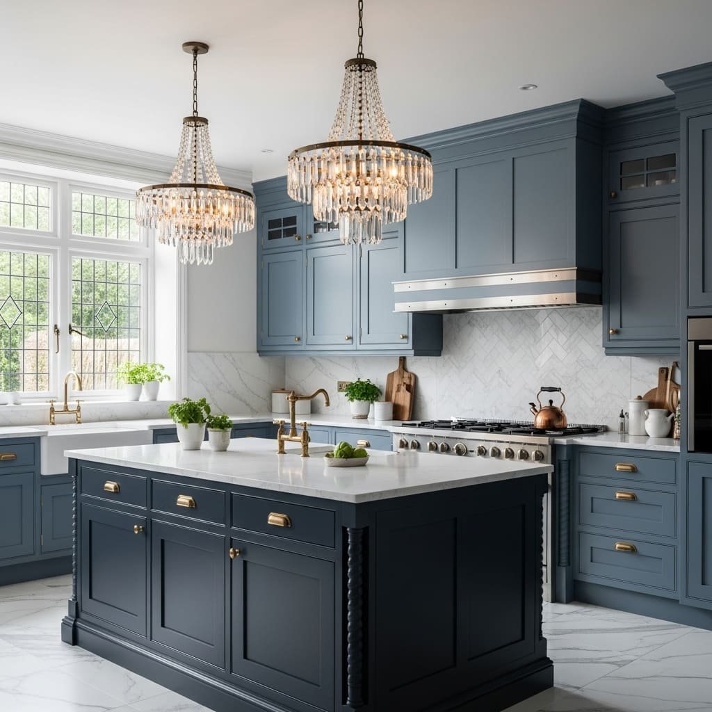Blue Kitchen Cabinets With Crystal Chandeliers and Marble Backsplash