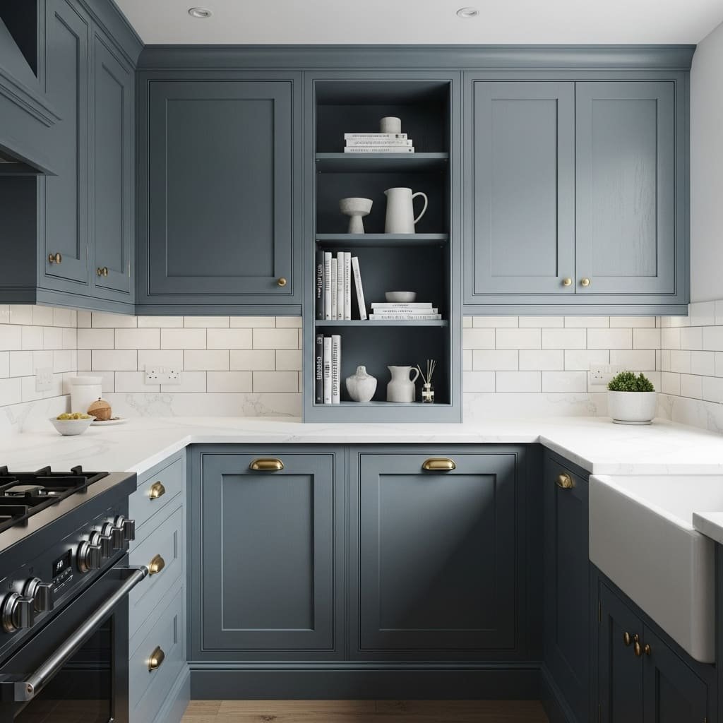 Blue Kitchen Cabinets With Open Shelf Niche