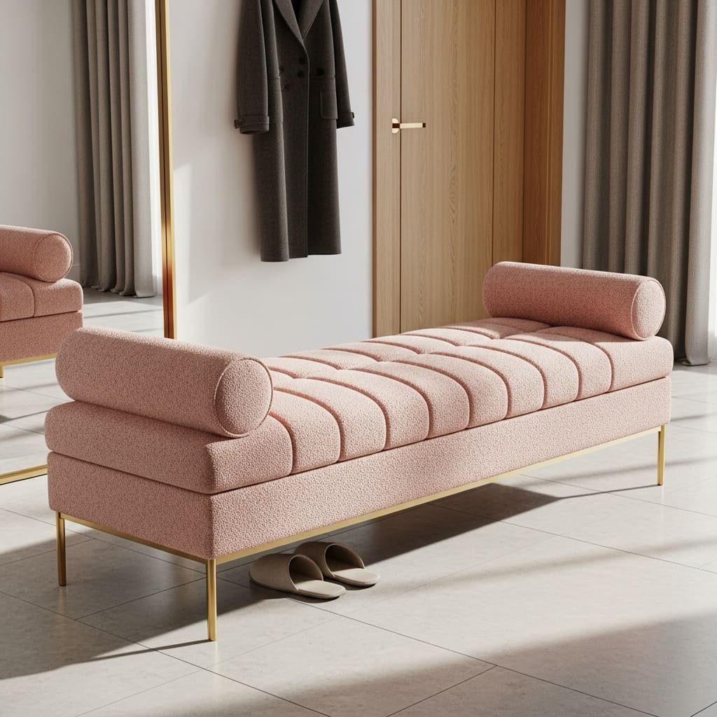 Blush Channel-Tufted Bed Bench with Gold Base