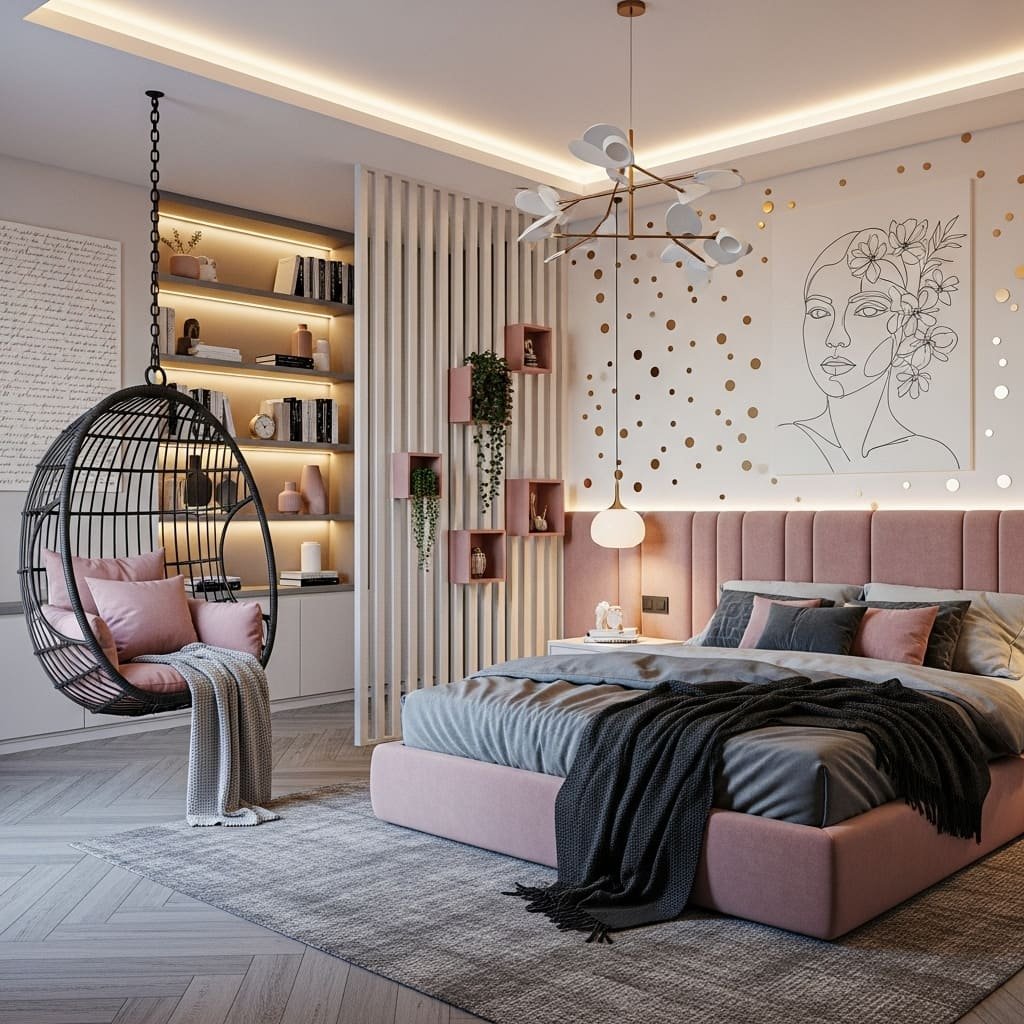 Blush Modern Bedroom with Swing Chair Nook