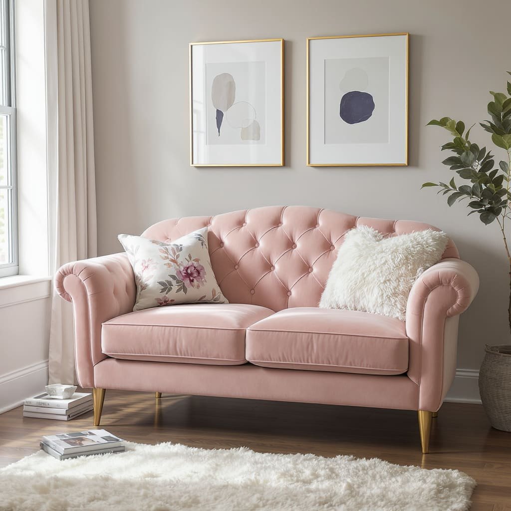 Blush Tufted Bedroom Loveseat