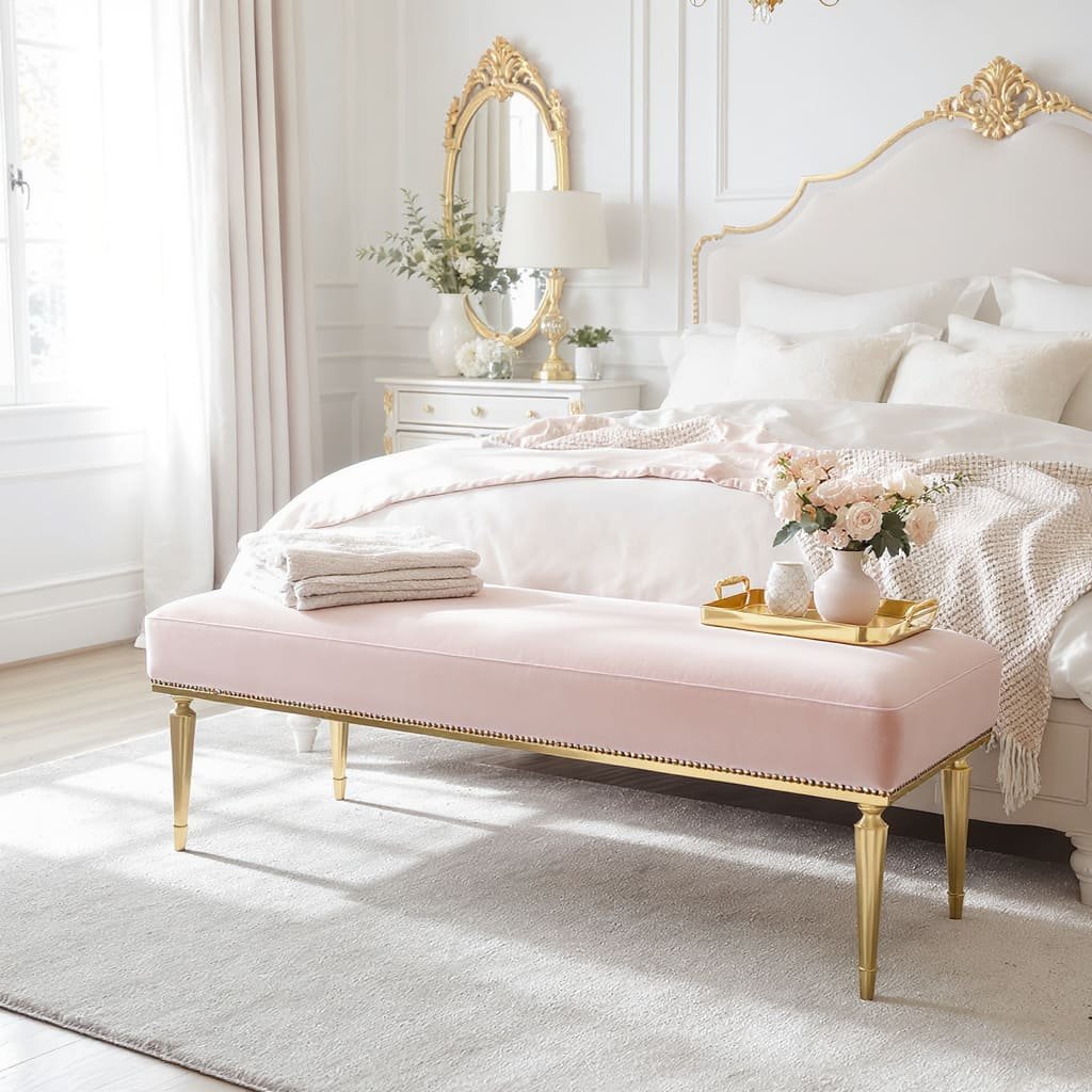Blush Upholstered Bed Bench with Gold Legs