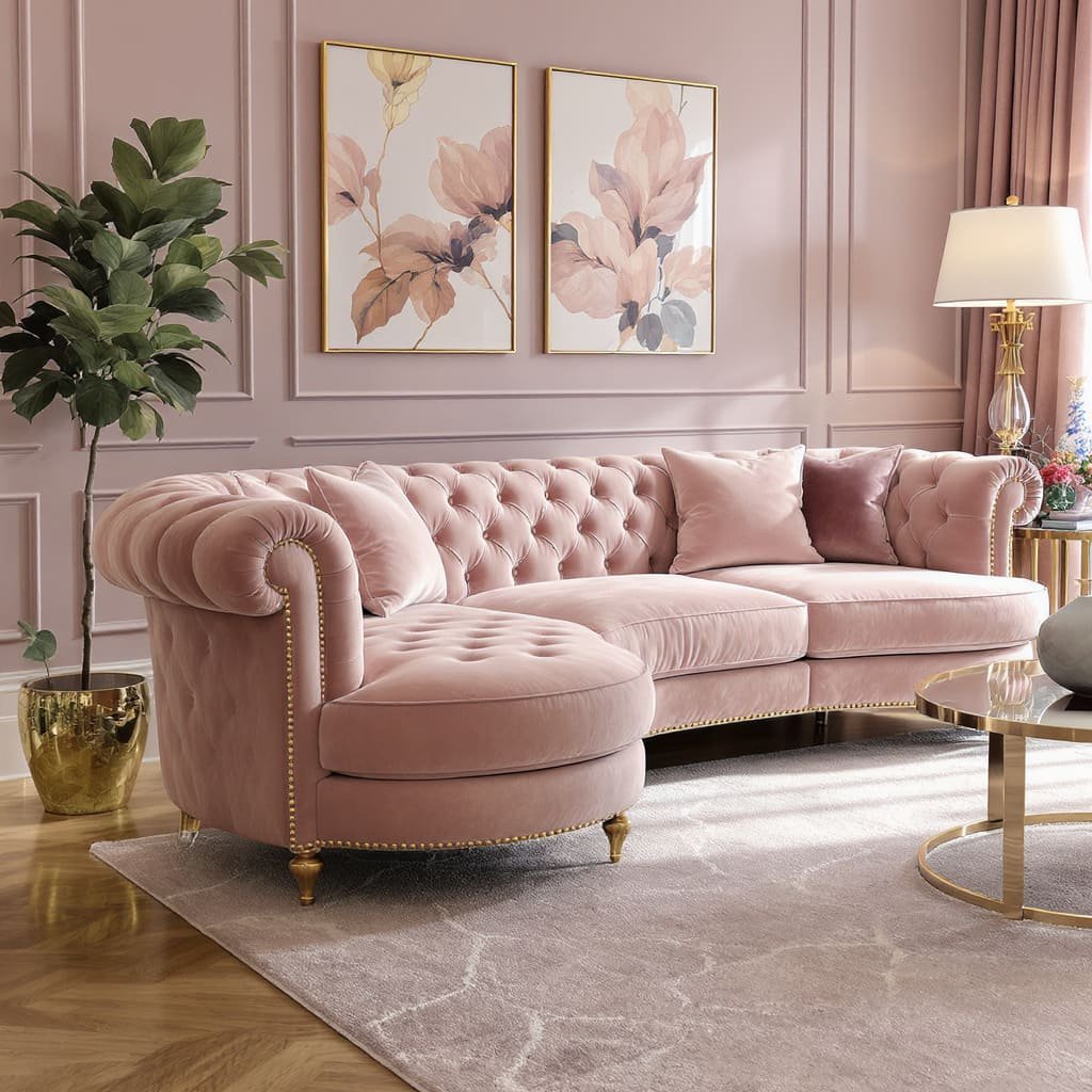 Blush Velvet L Shape Sofa with Tufted Chaise